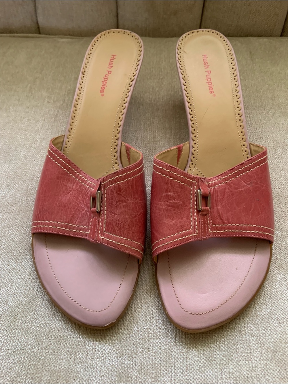 Hush Puppies Pink Coral Leather Slide Mules with Buckle Detail